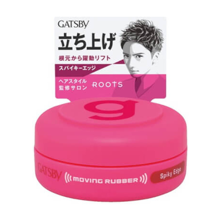 杰士派 GATSBY 粉红色发蜡产品图，包装上有日文立起字样及 Spiky Edge Roots 标识。