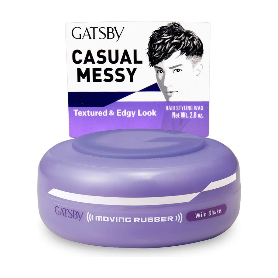 杰士派 GATSBY 紫色发蜡产品图，包装上印有 Casual Messy Wild Shake 字样及男士发型模特。