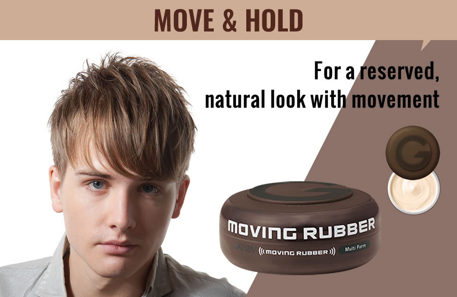 Gatsby Moving Rubber 棕色发蜡广告图，展示男士自然纹理发型、产品开盖细节及英文 Move & Hold 说明。