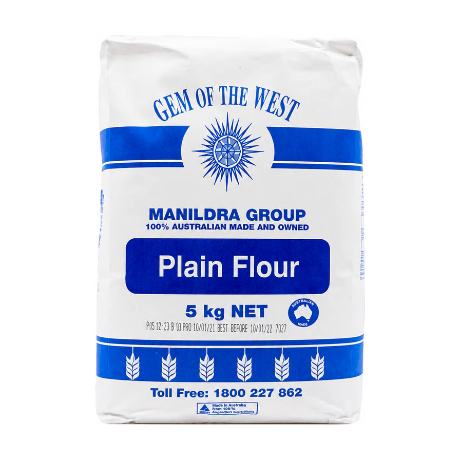 Gem of the West 西部之珠 5kg 包装通用面粉，白色背景正面图，包装上有蓝色 Plain Flour 字样及澳洲制造标识。