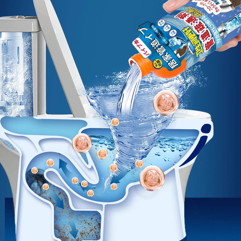 管道疏通剂包装背面或侧面特写，展示成分说明与使用注意事项