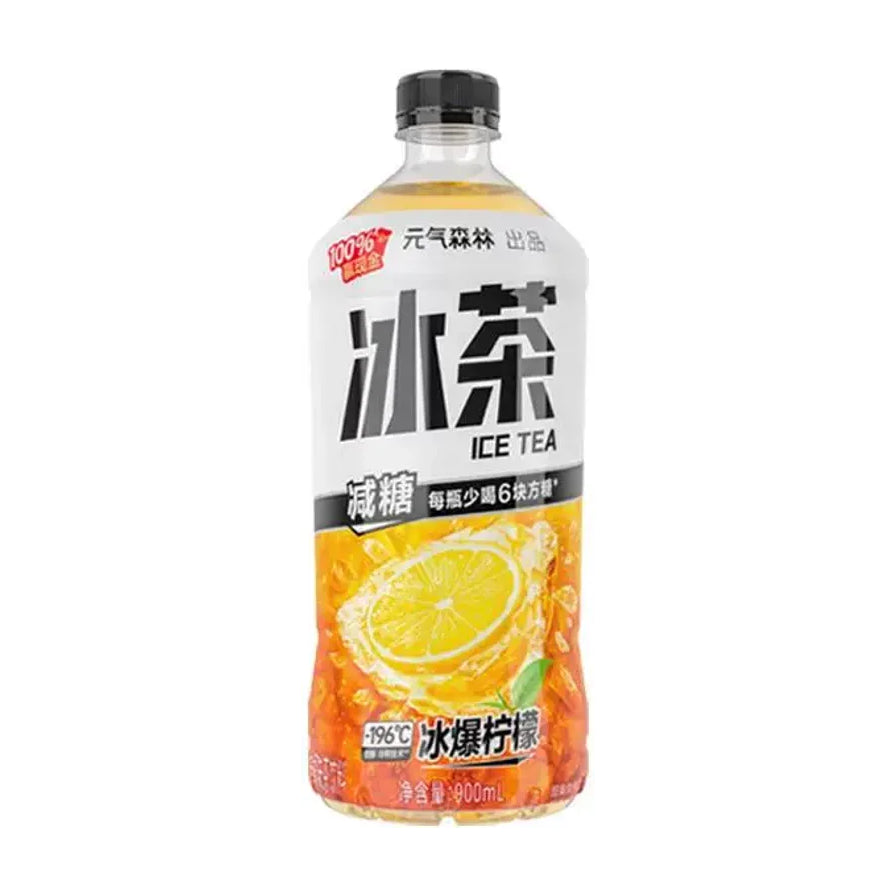 元气森林冰茶柠檬红茶味900ml大瓶装，包装上印有冰茶、减糖、冰爆柠檬字样及柠檬切片图案，白色背景。
