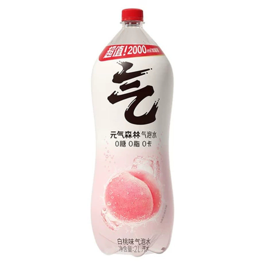 元气森林白桃味气泡水2L大容量分享装，瓶身展示粉色白桃与清爽气泡图案，标注0糖0脂0卡。