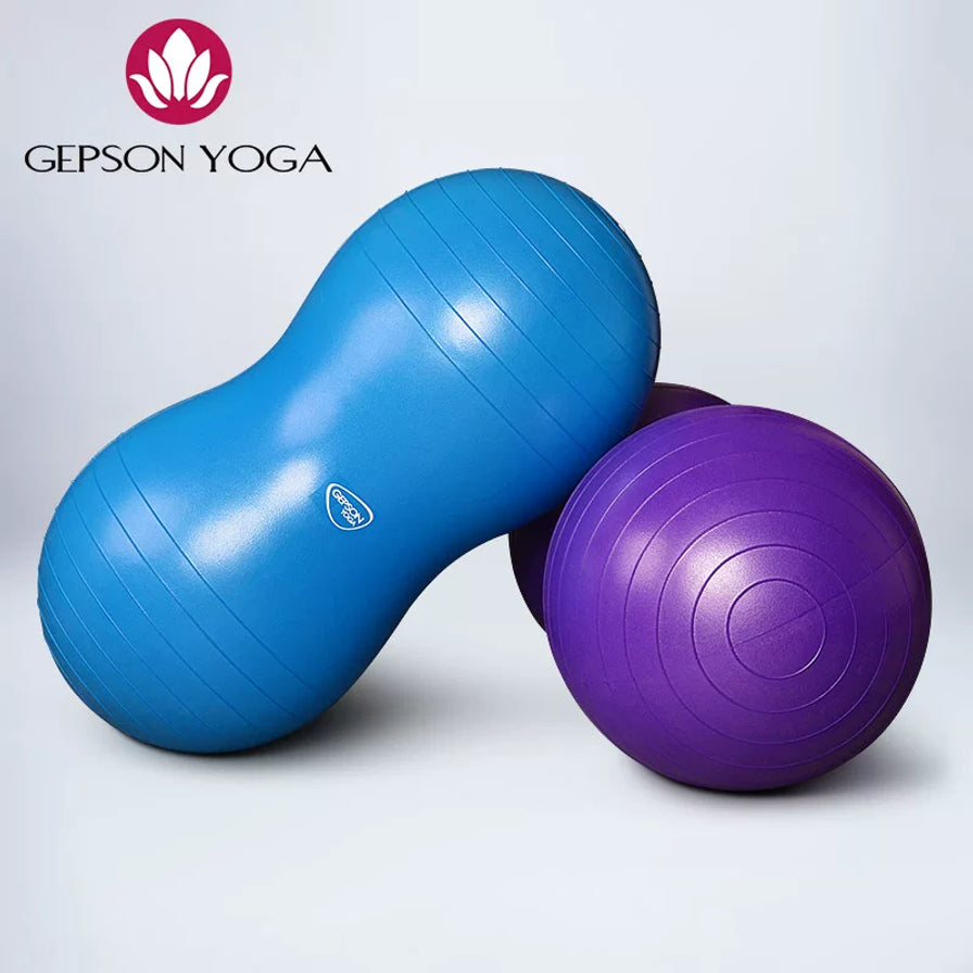 蓝色与紫色两款花生型健身球并排摆放展示，左上角带有 GEPSON YOGA 品牌标识。