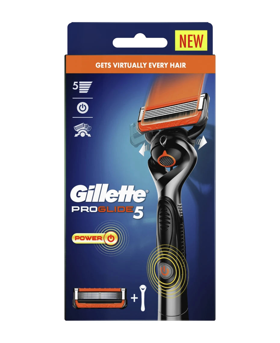 吉列 ProGlide 5 动力剃须刀包装正面图，展示黑色手柄、橙色刀头及替换装