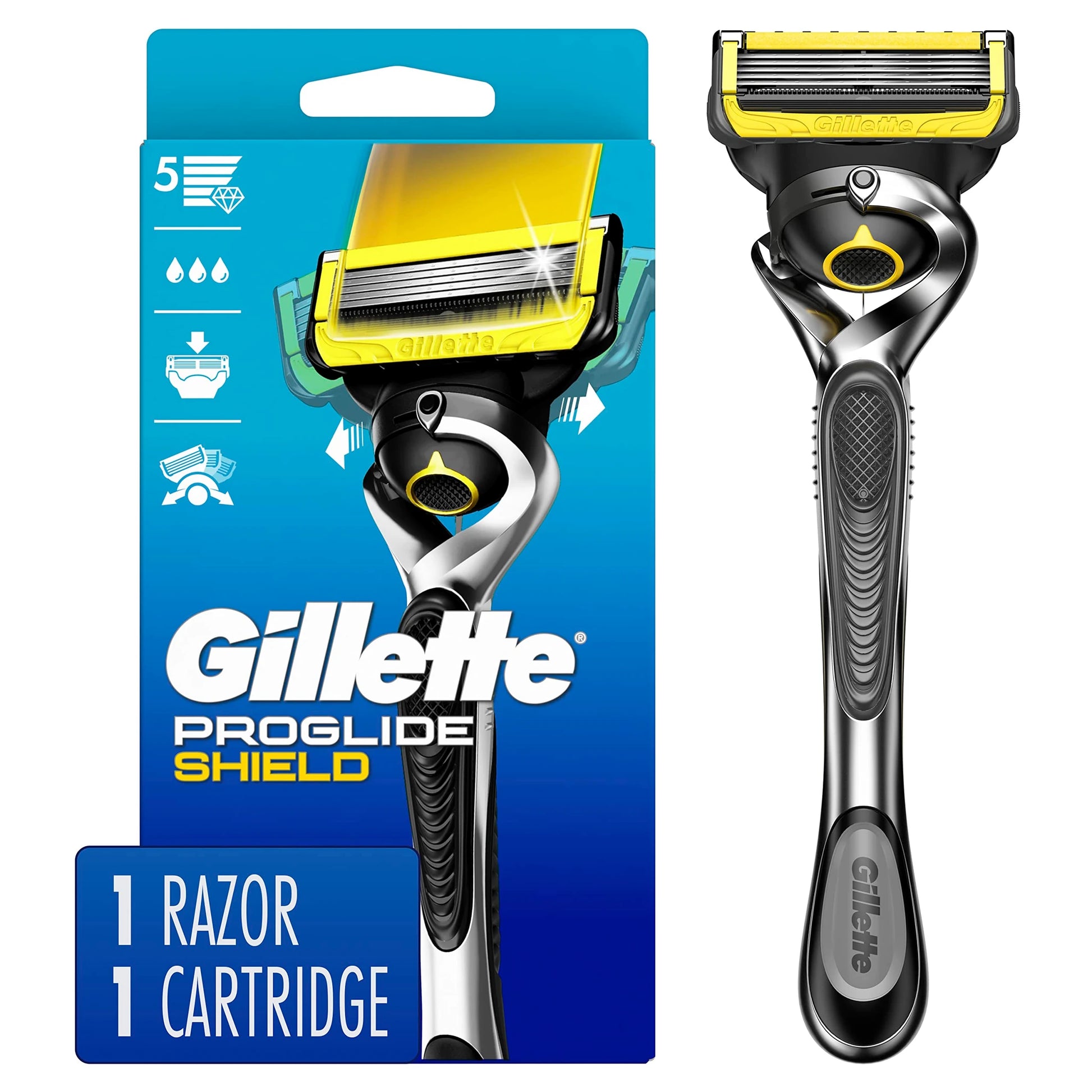 吉列 ProGlide Shield 剃须刀套装展示，包含蓝色包装盒及独立刀架，包装上印有 5 层刀片及润滑条图标。