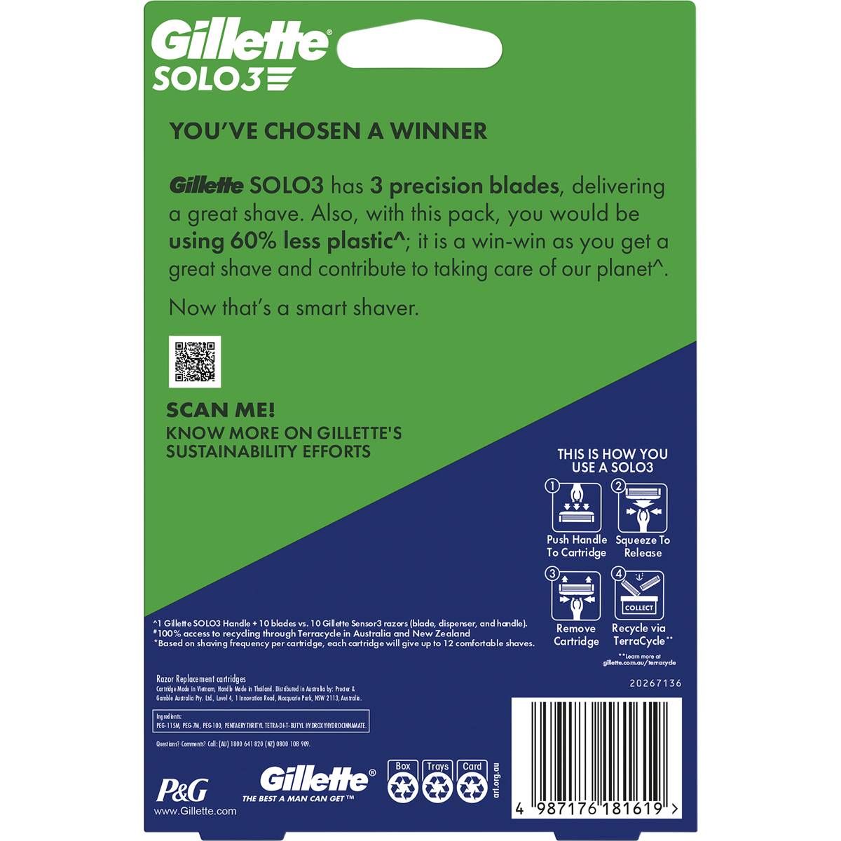Gillette Solo3 剃须刀套装背面包装图，展示产品说明、环保信息、使用步骤图示及条形码。