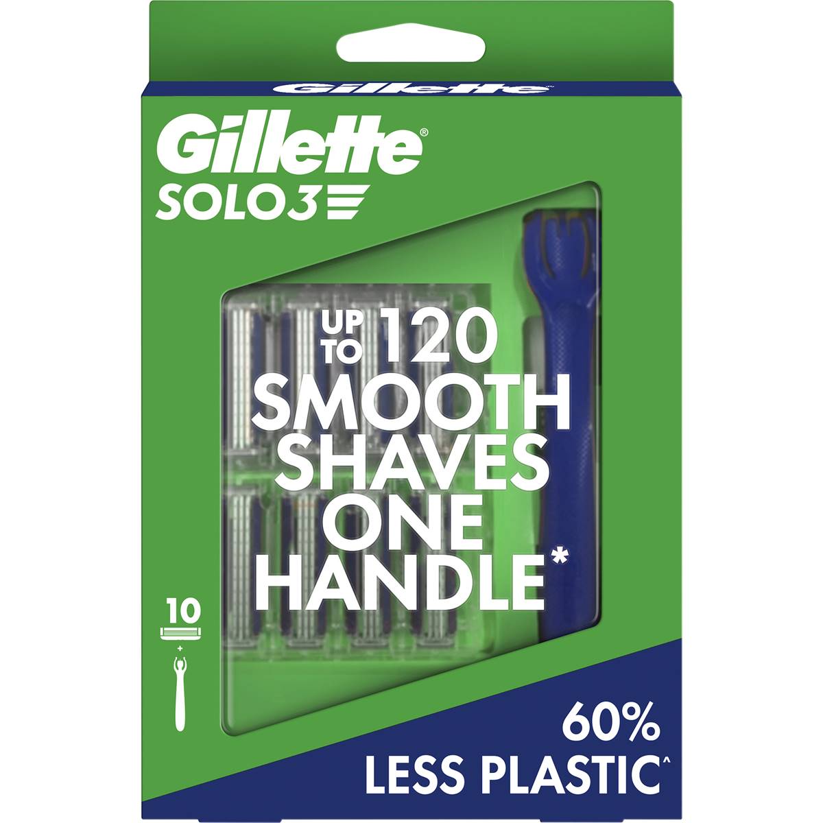 Gillette Solo3 剃须刀套装正面包装图，绿色包装盒内含 1 个蓝色手柄和 10 个替换刀头。