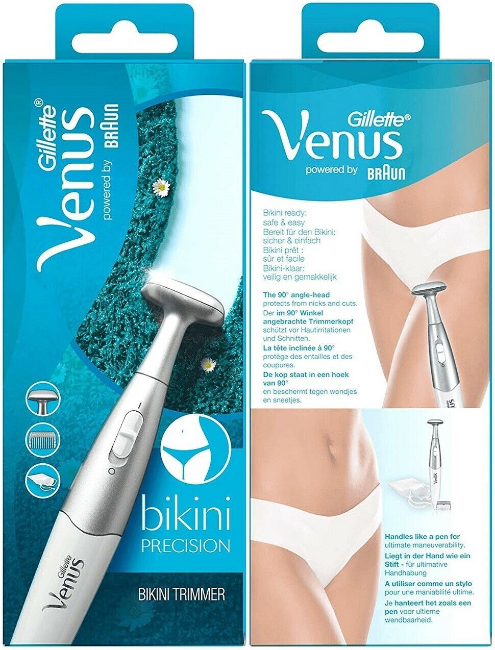 Gillette Venus Bikini 修剪器包装盒背面细节，展示多语言功能说明及比基尼区域使用示意图。