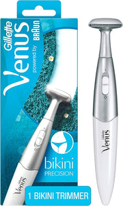 Gillette Venus Bikini 精密修剪器产品实物与蓝色包装盒展示，银色笔式机身设计。