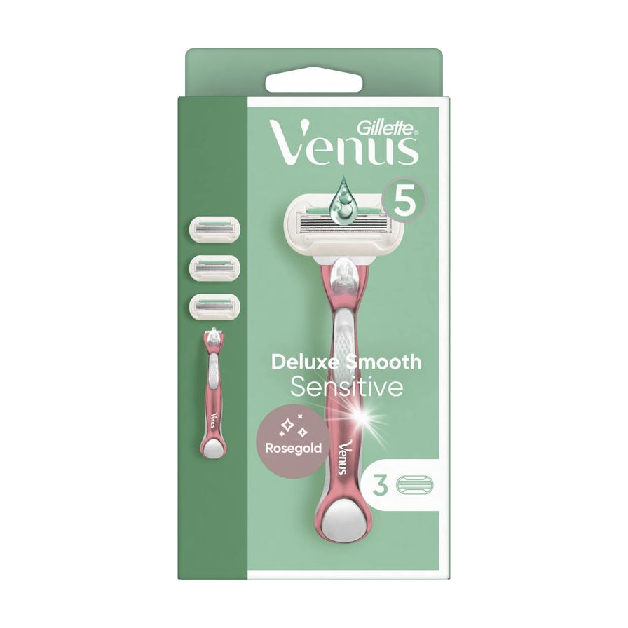 Gillette Venus Deluxe Smooth Sensitive 女士剃毛刀套装包装，含粉色刀架及三个替换刀头。