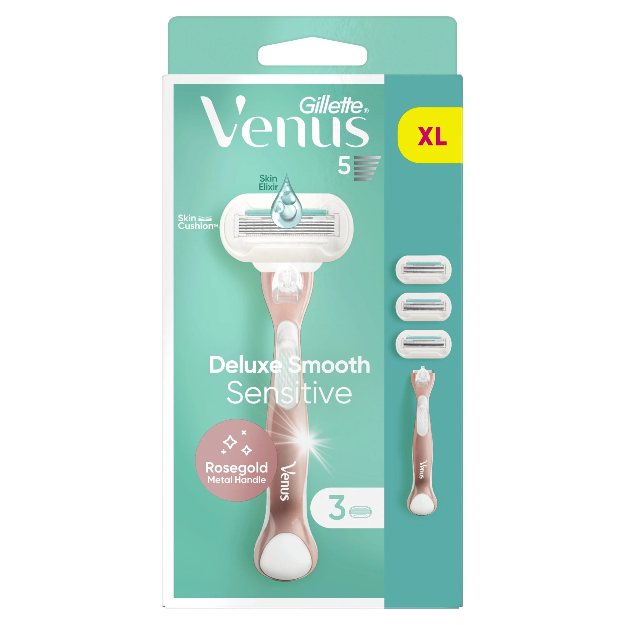 Gillette Venus Deluxe Smooth Sensitive 女士除毛刀套装包装，含玫瑰金手柄刀架及三个替换刀头。