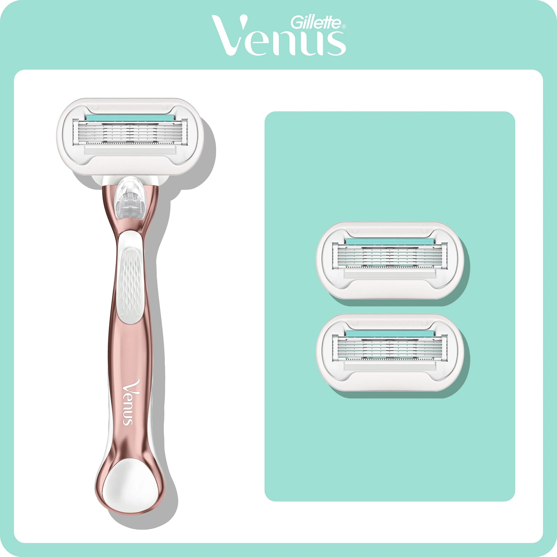 Gillette Venus 玫瑰金除毛刀与两个替换刀头的细节展示图，背景为薄荷绿。