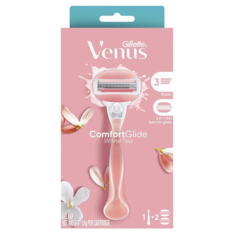 Gillette Venus ComfortGlide White Tea 女士剃毛刀包装正面，粉色背景含白茶花瓣图案及刀片细节展示