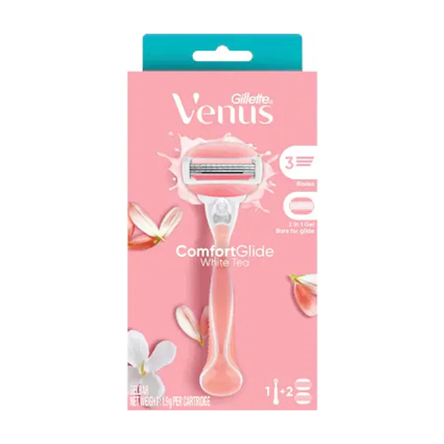 吉列维纳斯女士剃毛刀粉色包装正面图，含白茶香润滑条与 3 层刀片设计