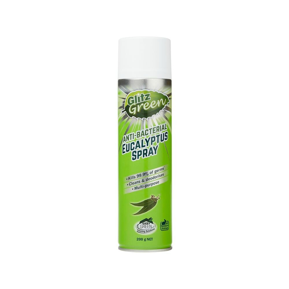 Glitz Green 抗菌桉树喷雾剂瓶身正面，展示天然桉树油清洁标签