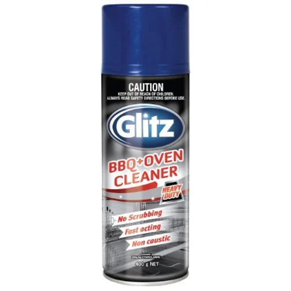Glitz 重油污清洁剂 400g 喷雾罐正面图，用于清洁烤箱和烧烤架
