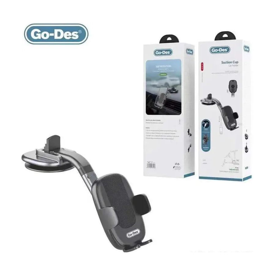 Go - Des 吸盘式车载手机支架实物与包装盒，左上角带有 Go - Des 品牌标识，背景为纯白色。