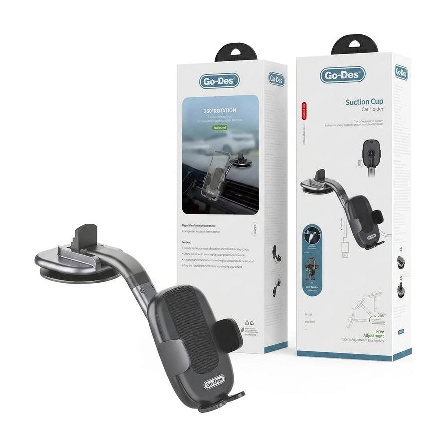 Go - Des 吸盘式车载手机支架及其白色外包装盒，展示了支架的强力吸盘和可调节长臂设计。