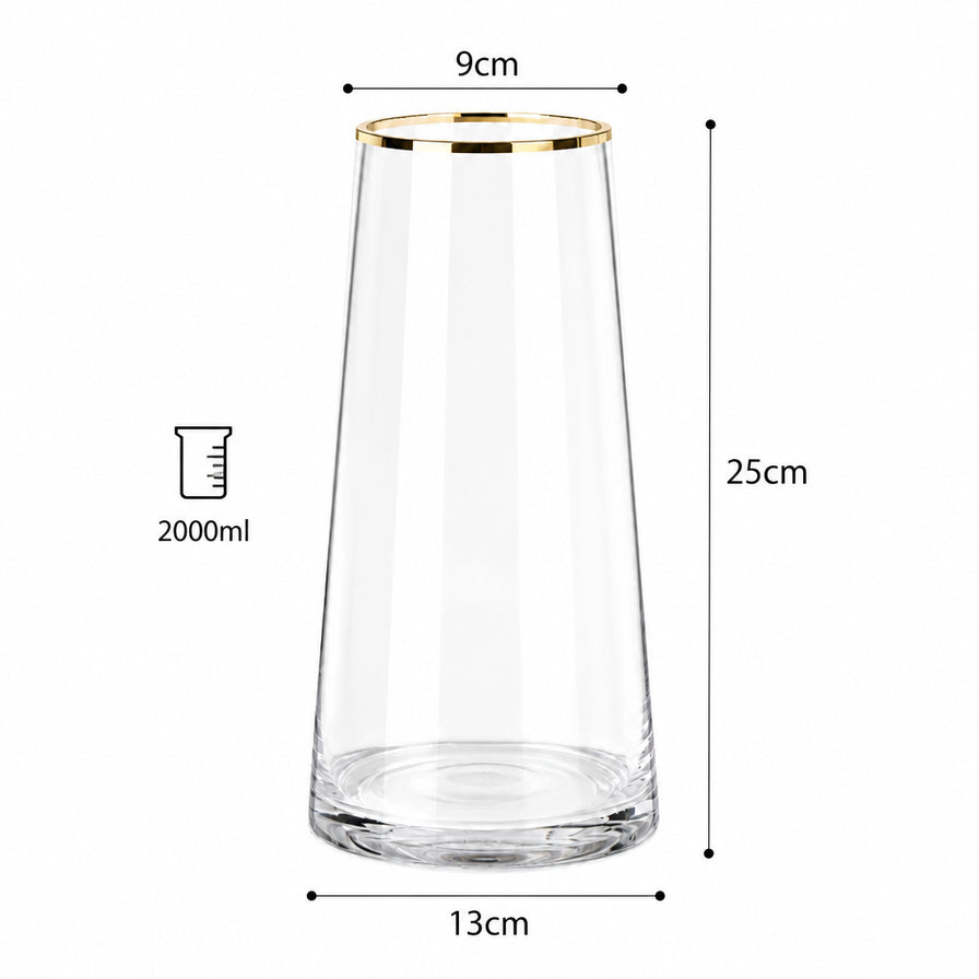 金边透明玻璃花瓶的尺寸标注图，显示高度25cm，瓶口直径9cm，底径13cm，容量2000ml。