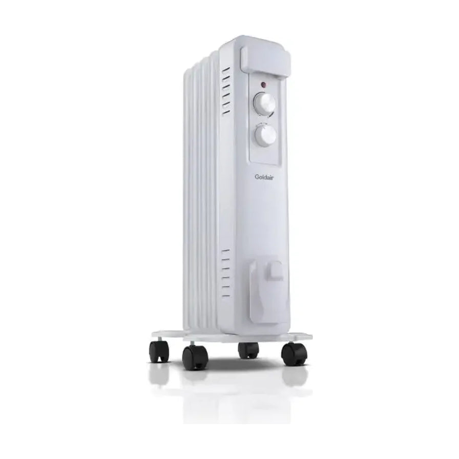 Goldair 白色 1000W 暖风机，采用简约立式设计，配有温控旋钮和底部移动滑轮。