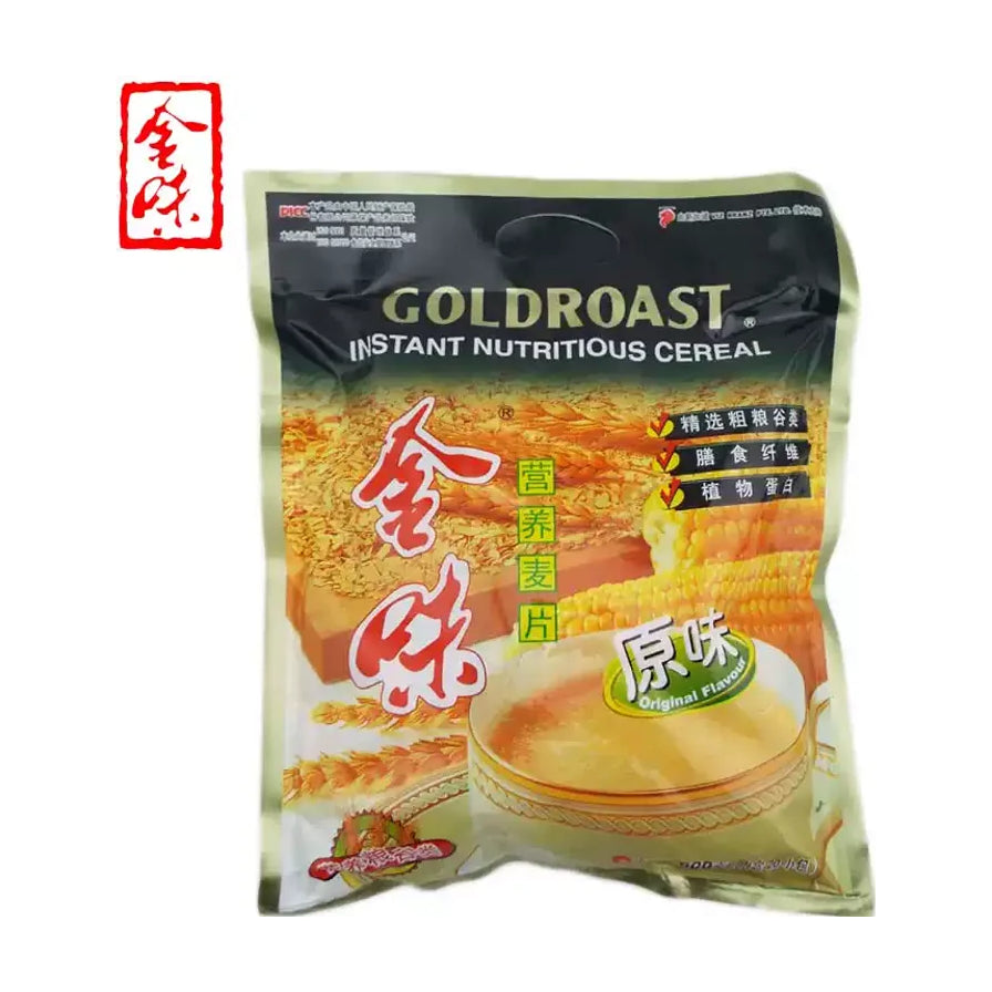 金味 Gold Roast 原味营养麦片大包装袋正面图，包装上印有冲泡好的麦片碗和玉米图案。