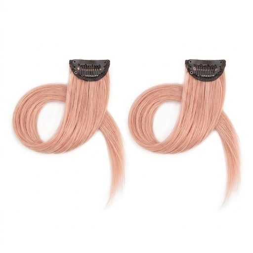 两片西柚粉色一片式假发片平铺展示，顶部带有黑色隐形发夹，背景纯白。