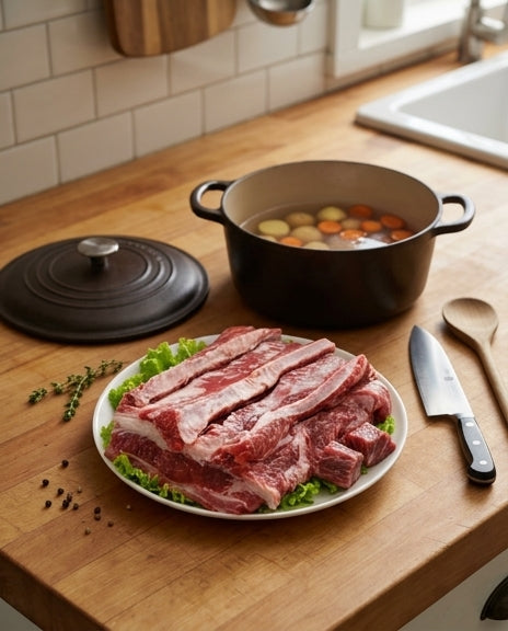 约 500g 包装好的草饲牛腩，展示适合单人或小家庭食用的标准份量。