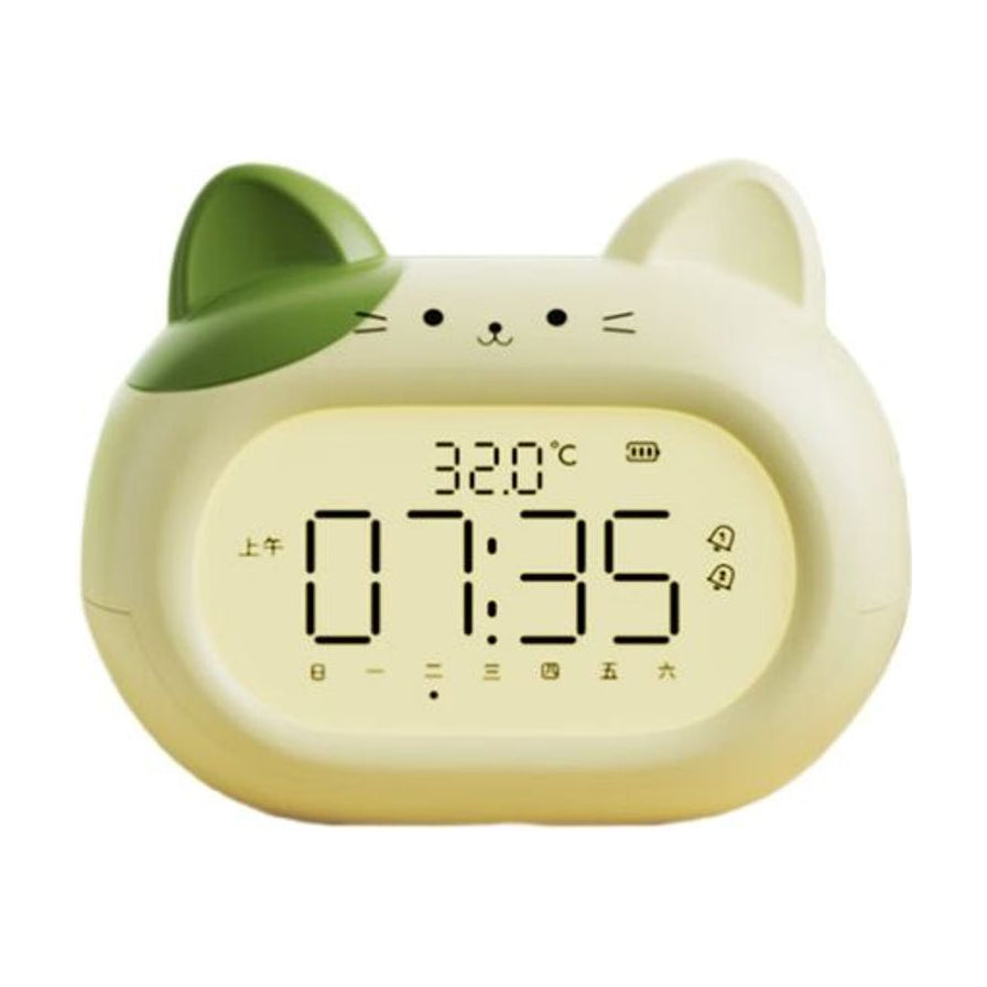 绿色猫咪造型多功能闹钟，显示时间、温度、电量及日期，具有可爱的猫脸装饰。