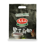 马玉山黑芝麻糊大包装正面图，黑色手提袋包装，印有品牌Logo、黑芝麻糊字样及冲调好的芝麻糊碗装示意图。