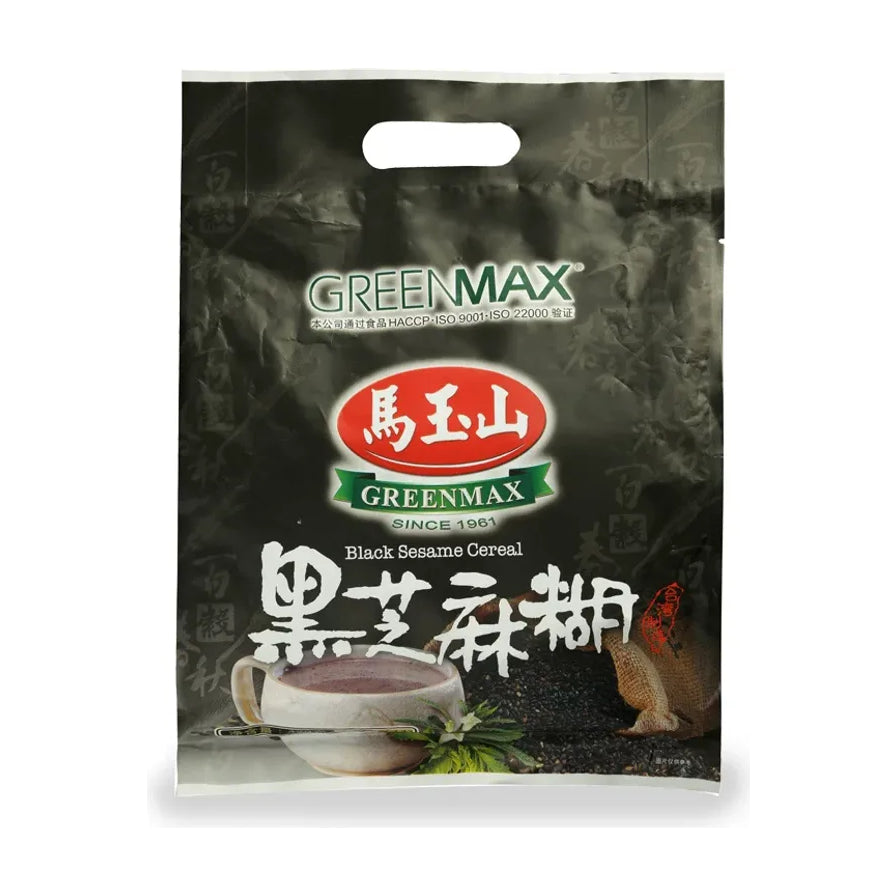 马玉山黑芝麻糊大包装正面图，黑色手提袋包装，印有品牌Logo、黑芝麻糊字样及冲调好的芝麻糊碗装示意图。