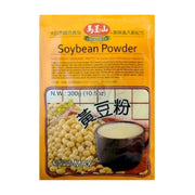 马玉山香纯黄豆粉300g袋装正面图，包装呈黄色，印有黄豆颗粒和一碗豆乳的图案，标有Soybean Powder及非基因改造说明。
