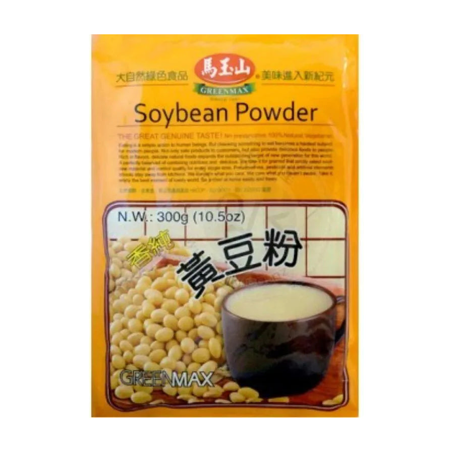 马玉山香纯黄豆粉300g袋装正面图，包装呈黄色，印有黄豆颗粒和一碗豆乳的图案，标有Soybean Powder及非基因改造说明。