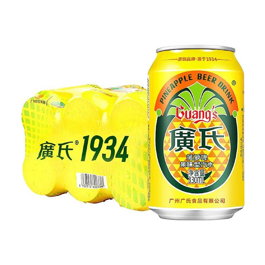 广氏菠萝啤330ml单罐及6罐排装展示，黄色罐身印有经典菠萝图案和广氏1934字样。