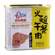 古龙火腿午餐肉罐头正面图，红色包装展示 340g 规格与品牌标识