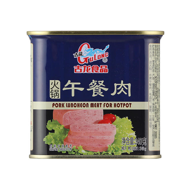 古龙火锅午餐肉罐头正面图，340g 马口铁易拉罐包装，展示品牌与产品信息。
