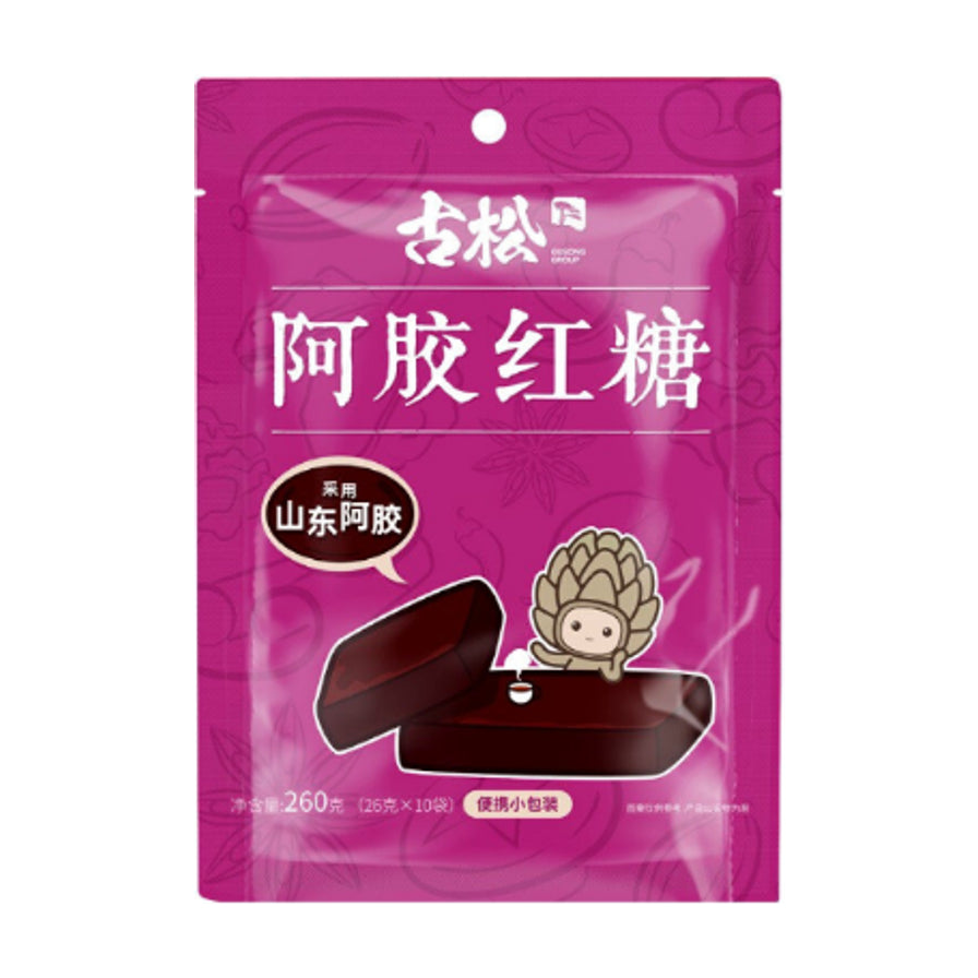 古松阿胶红糖 260g 紫色包装袋正面图，包装上印有“采用山东阿胶”字样及卡通形象。