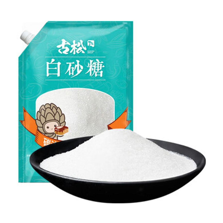 古松白砂糖 400g 青色吸嘴袋包装与黑色碗中白砂糖展示，包装上有品牌 Logo 和卡通形象。