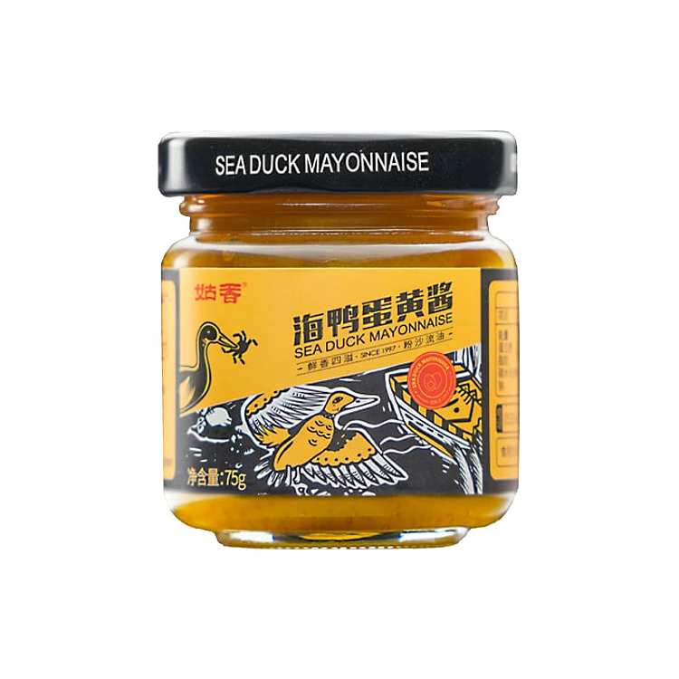 姑香海鸭流沙咸蛋黄酱 75g 瓶装正面图，展示浓郁金黄的酱体质感与品牌包装细节。