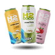 三瓶不同口味的 H2COCO 500ml 罐装饮品展示，包括芒果椰子水、纯正椰子水和荔枝味气泡果汁，瓶身带有冰镇水珠。