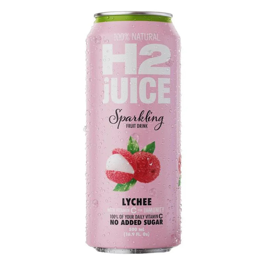 H2COCO 荔枝味气泡果汁 500ml 粉色罐装，瓶身印有新鲜荔枝图案，标注富含维生素 C 及无添加糖。