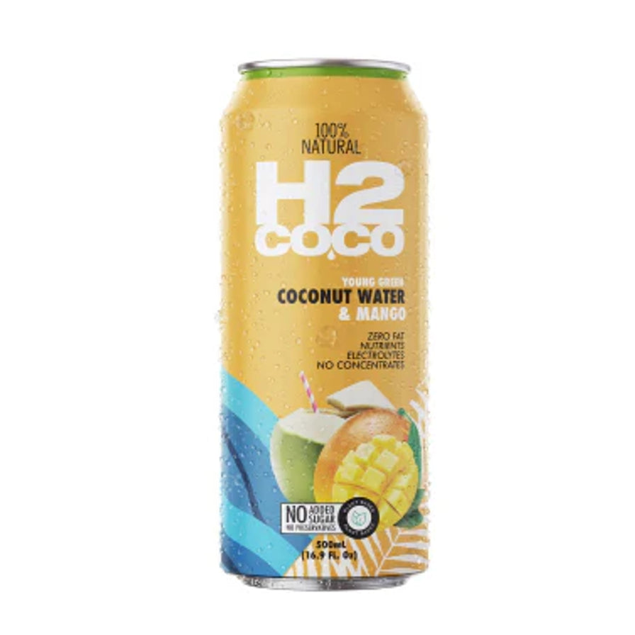 H2COCO 芒果味椰子水 500ml 黄色罐装，瓶身印有芒果和椰子图案，标注 100% 天然及非浓缩还原。