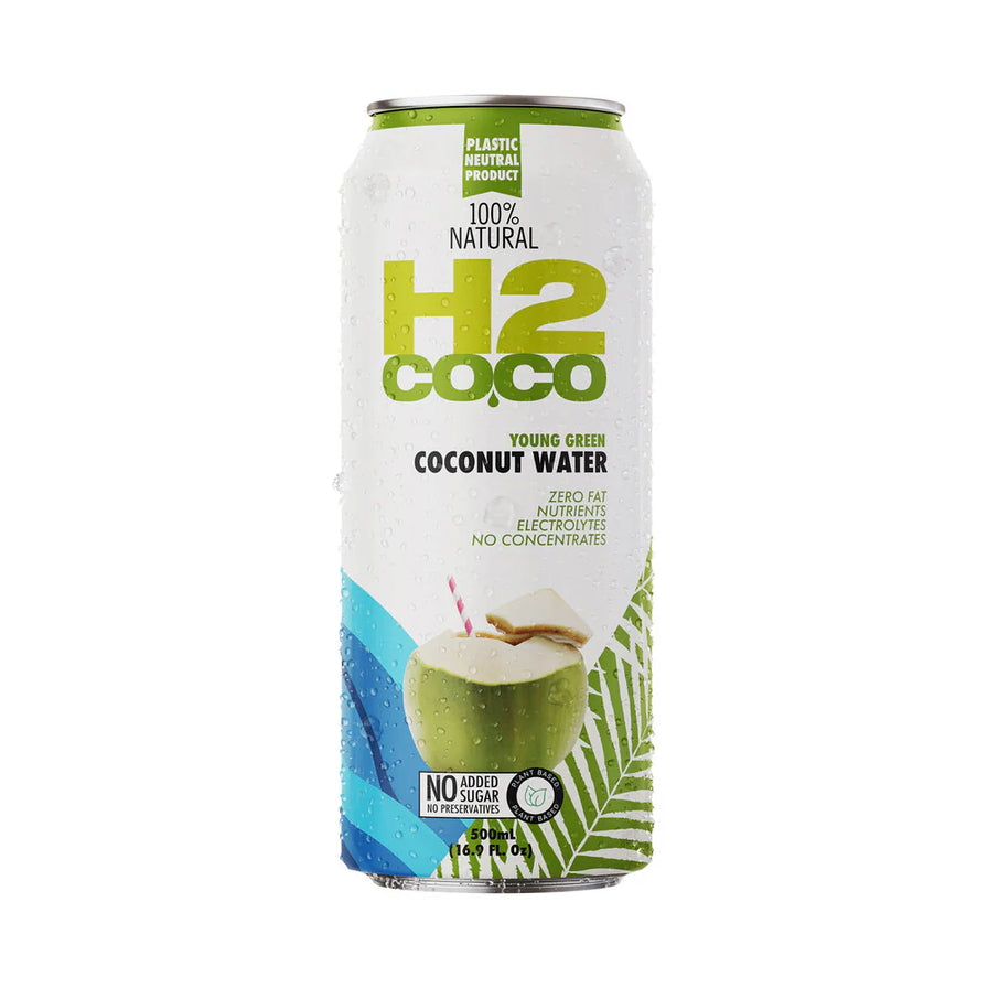 H2COCO 纯正天然椰子水 500ml 白色罐装，瓶身印有青椰子图案，标注零脂肪、含电解质、非浓缩还原。