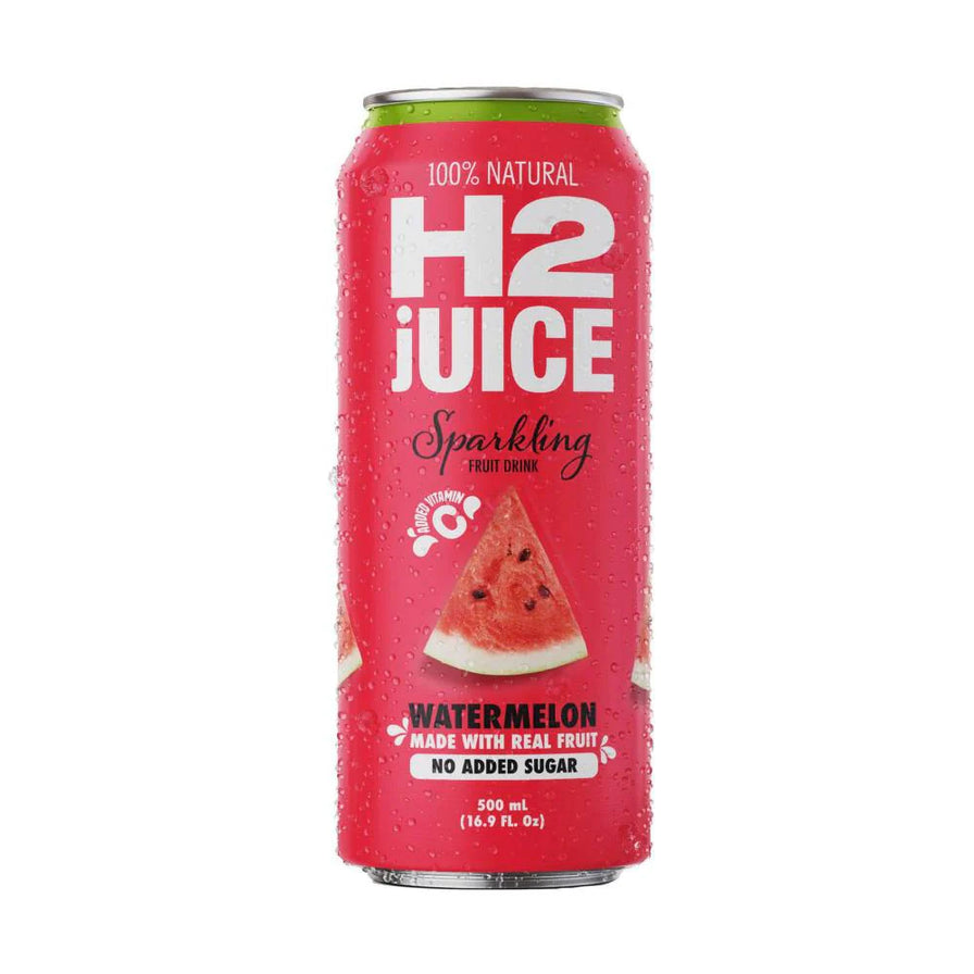 H2COCO 西瓜味气泡果汁 500ml 红色罐装，瓶身印有西瓜切片图案，标注 100% 天然及无添加糖。