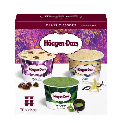 哈根达斯日本原装迷你杯冰淇淋六杯装，包含抹茶、兰姆葡萄和香草口味