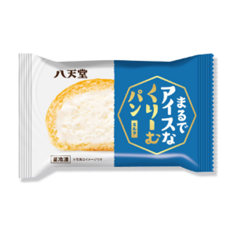 八天堂鲜奶油冰面包独立包装正面图，蓝白配色包装袋上印有品牌名及日文标识。