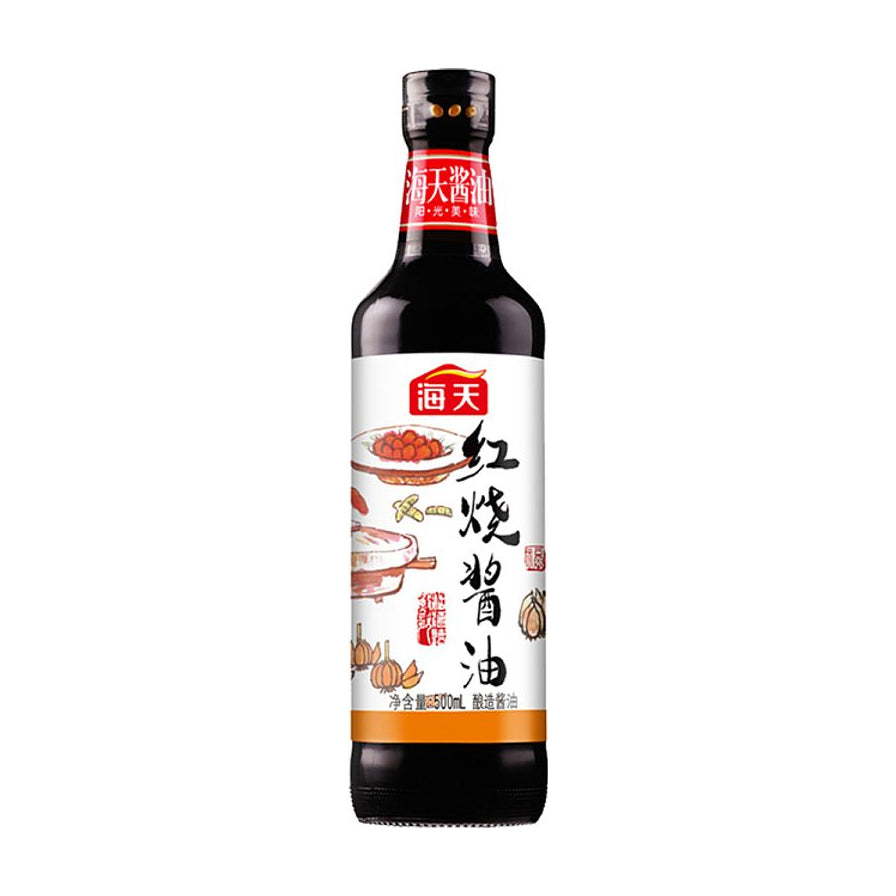 海天红烧酱油500ml瓶装正面图，白色标签印有红烧肉插画和红烧酱油书法字样。
