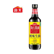 海天鲜味生抽瓶装正面图，黄色标签上印有海天酱油经典标识，净含量750ml。