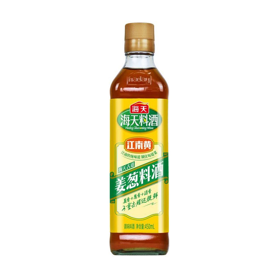 海天姜葱料酒450ml瓶装正面图，展示黄色标签及江南黄、姜葱料酒字样。