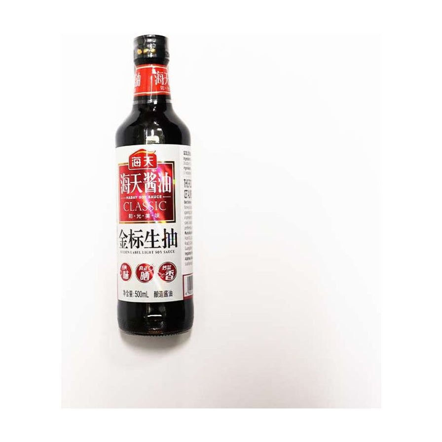 海天金标生抽500ml瓶装，白色背景下的正面展示，标签清晰可见。